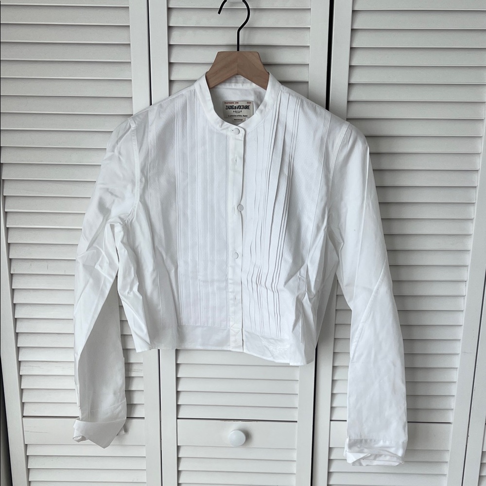 Zadig & Voltaire Theby Pleated Cropped Button-Front Shirt in Judo Sz S